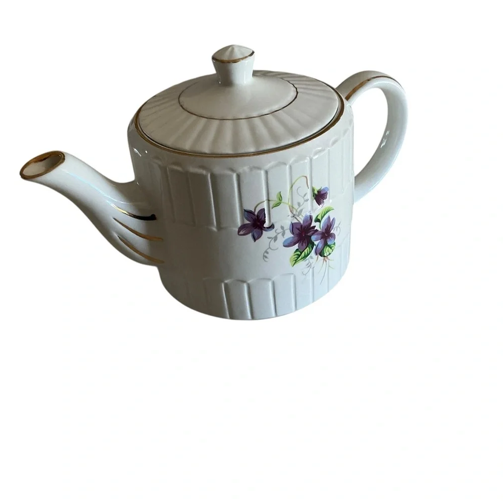 Vintage Ellgreave wood & sons ironstone teapot white with violets MCM England